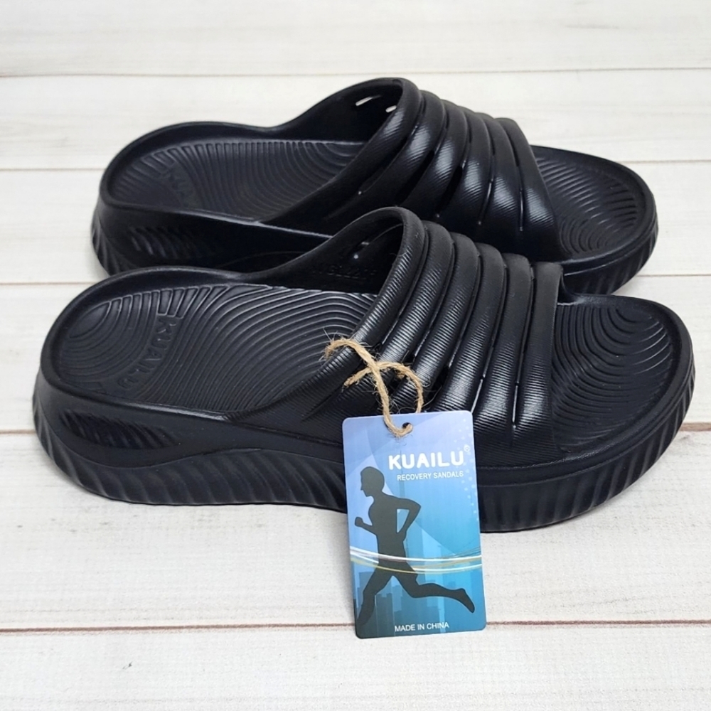 Black Slip-On Sandals with Ribbed Design